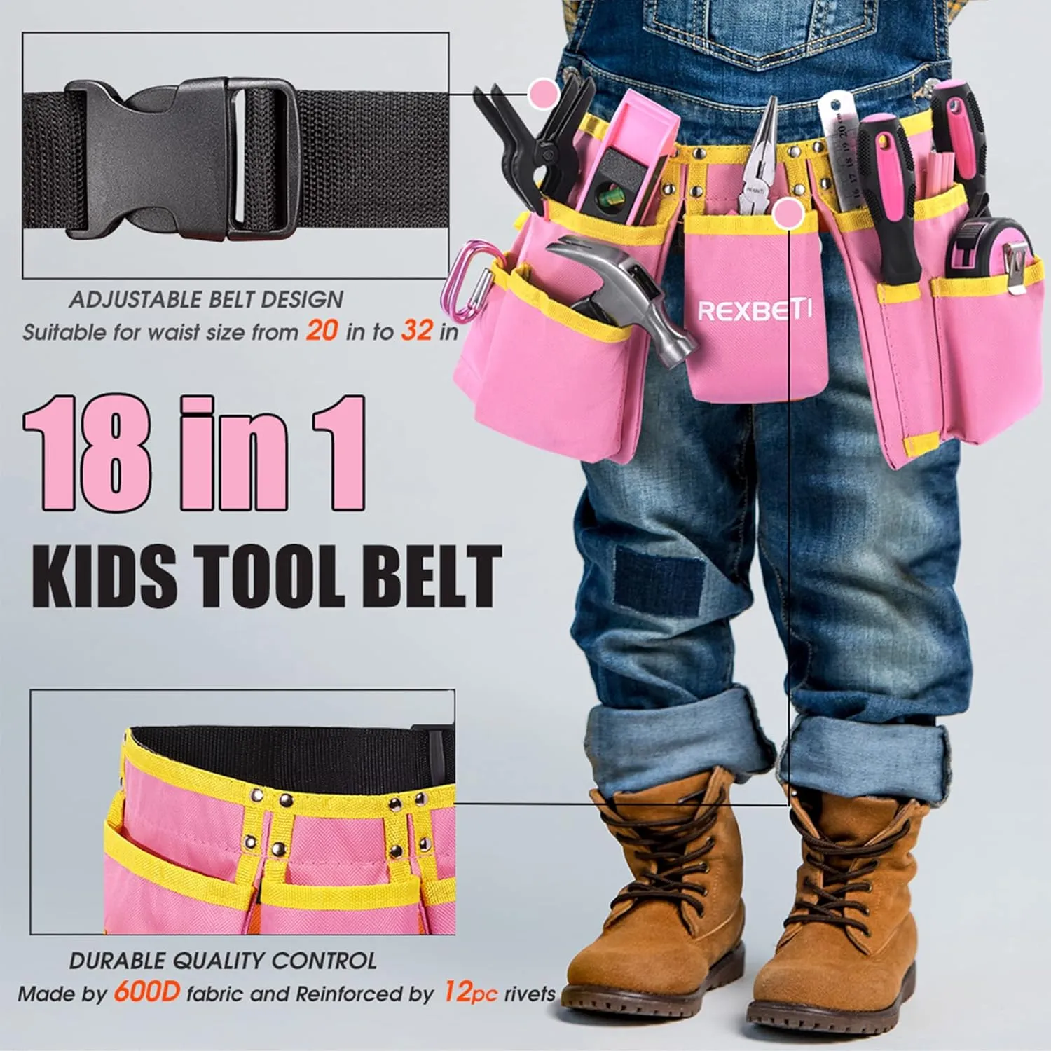REXBETI 18pc Pink Young Builder's Set with Real Tools, Reinforced Kids Belt, Waist 20"-32", Learning Kit for DIY & Woodworking
