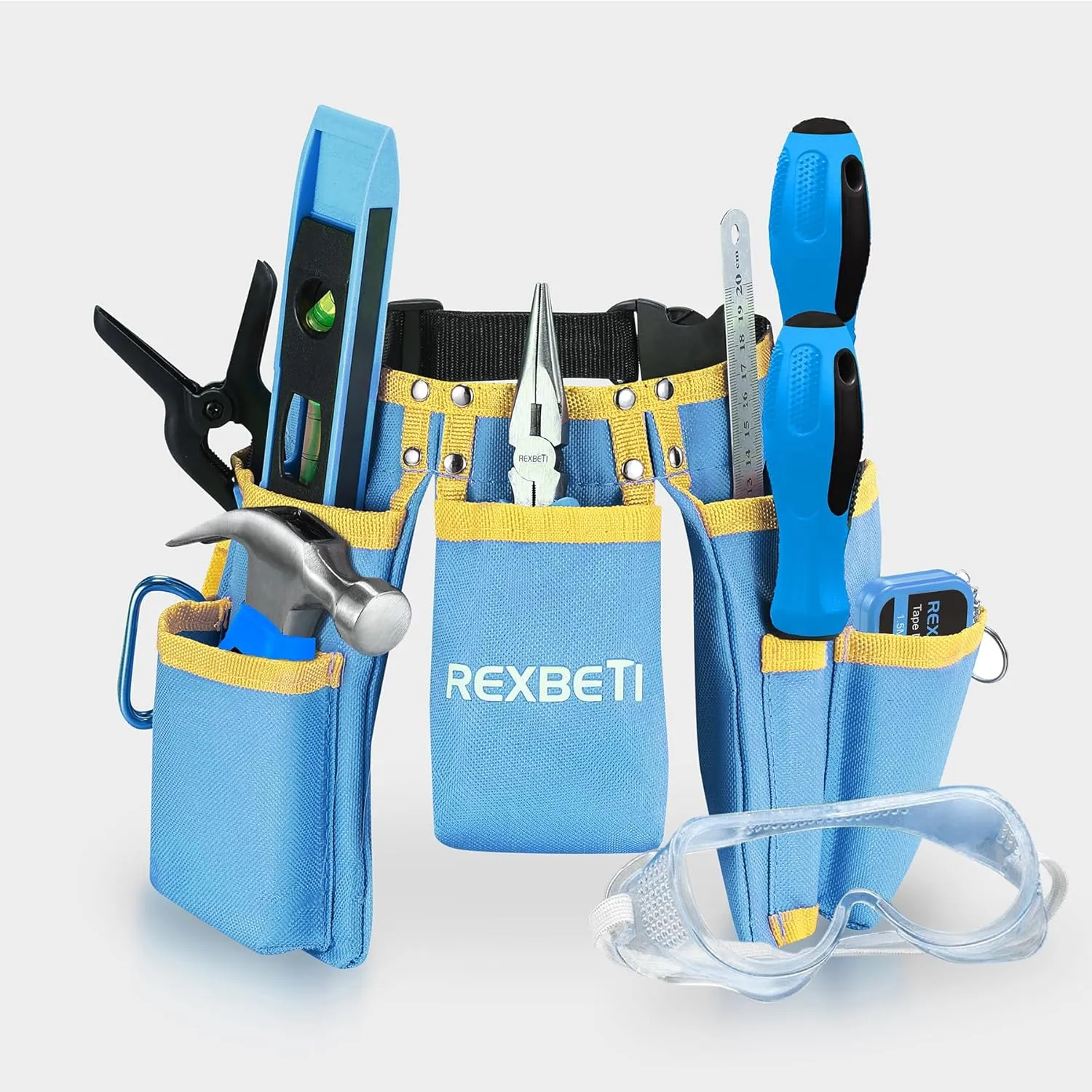 REXBETI 18pcs Blue Young Builder's Tool Set with Real Hand Tools, Reinforced Kids Tool Belt, Waist 20"-32", Kids Learning Tool Kit for Home DIY and Woodworking