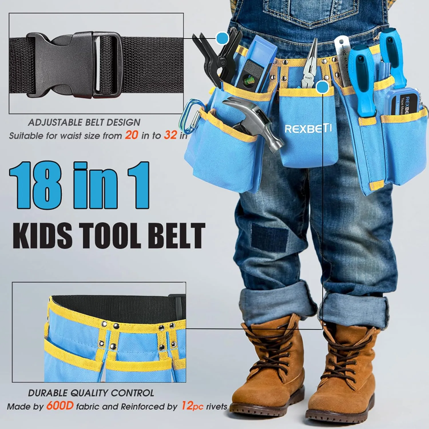 REXBETI 18pcs Blue Young Builder's Tool Set with Real Hand Tools, Reinforced Kids Tool Belt, Waist 20"-32", Kids Learning Tool Kit for Home DIY and Woodworking