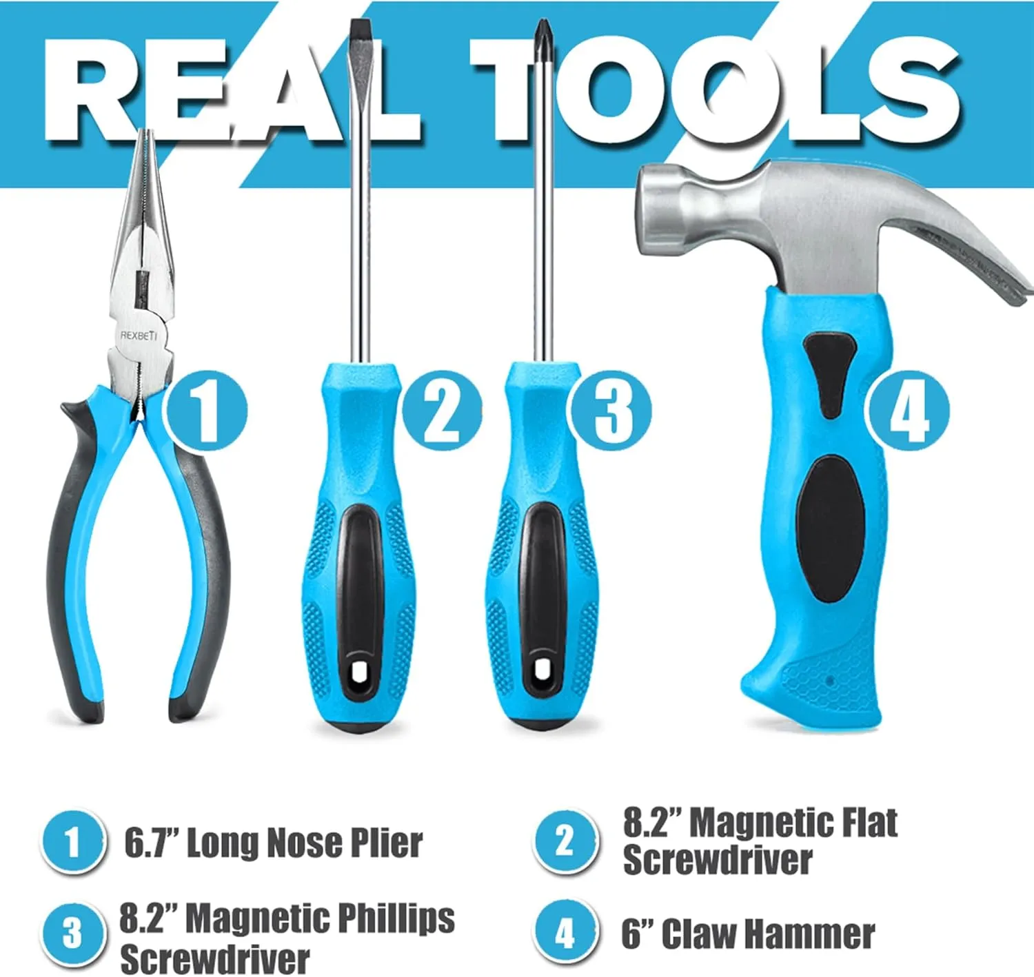 REXBETI 18pcs Blue Young Builder's Tool Set with Real Hand Tools, Reinforced Kids Tool Belt, Waist 20"-32", Kids Learning Tool Kit for Home DIY and Woodworking