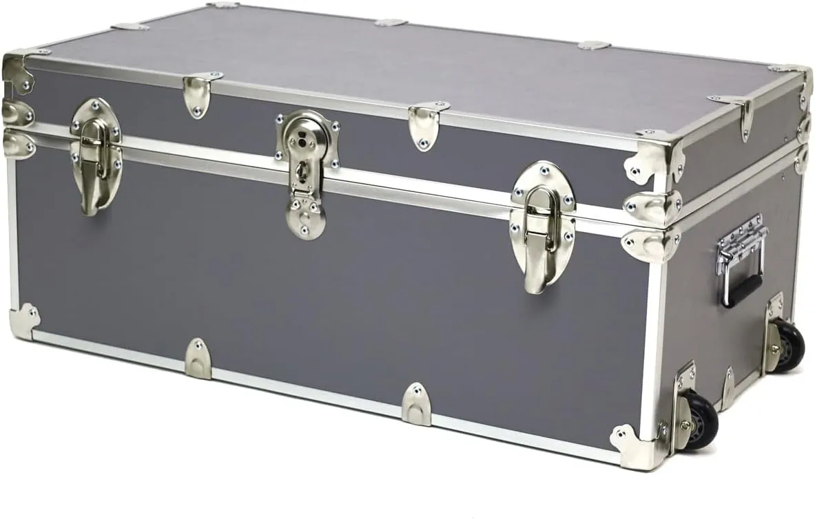 Rhino Trunk & Case Large Essential College Trunk with Wheels - Secure Dorm Storage Chest - Ideal Footlocker for Students - Strong Trunks with 1000  Pound Sitting Capacity 32"x18"x14" (Gray)