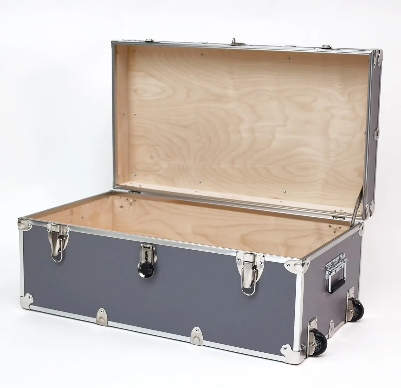 Rhino Trunk & Case Large Essential College Trunk with Wheels - Secure Dorm Storage Chest - Ideal Footlocker for Students - Strong Trunks with 1000  Pound Sitting Capacity 32"x18"x14" (Gray)