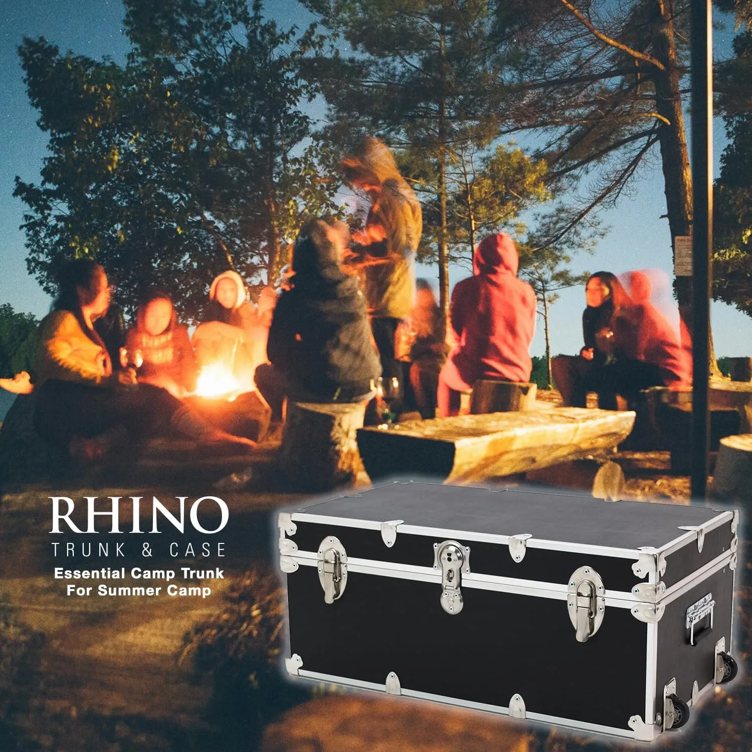 Rhino Trunk & Case Large Essential Summer Camp Trunk with Wheels - Camping Storage Chest - Ideal Footlocker for Campers - Strong 1000  Pound Sitting Capacity Trunks 32"x18"x14" (White)
