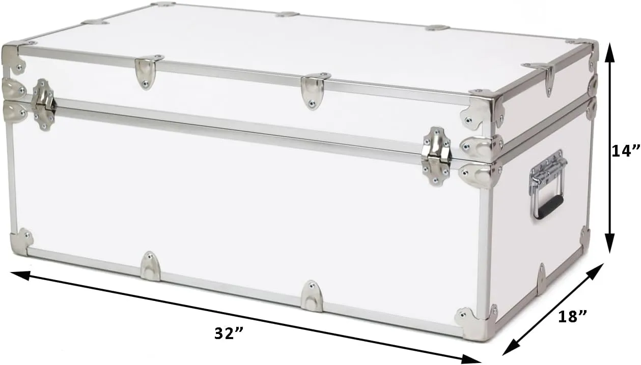 Rhino Trunk & Case Large Essential Summer Camp Trunk with Wheels - Camping Storage Chest - Ideal Footlocker for Campers - Strong 1000  Pound Sitting Capacity Trunks 32"x18"x14" (White)