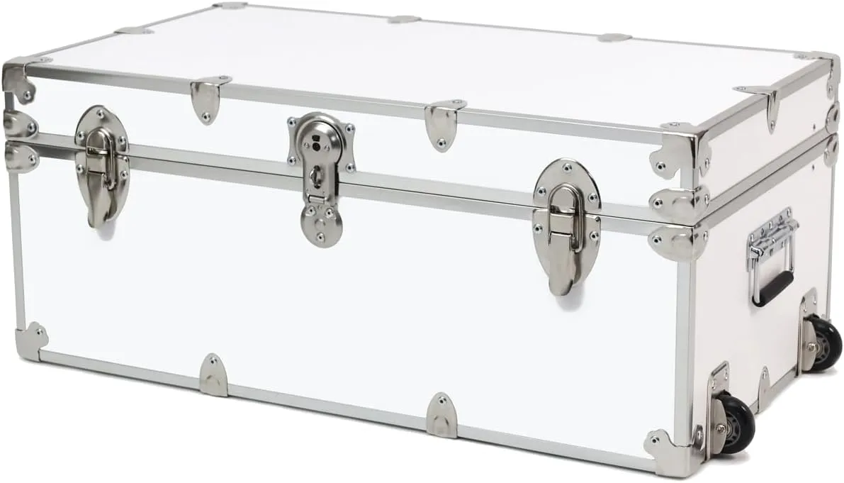 Rhino Trunk & Case Large Essential Summer Camp Trunk with Wheels - Camping Storage Chest - Ideal Footlocker for Campers - Strong 1000  Pound Sitting Capacity Trunks 32"x18"x14" (White)