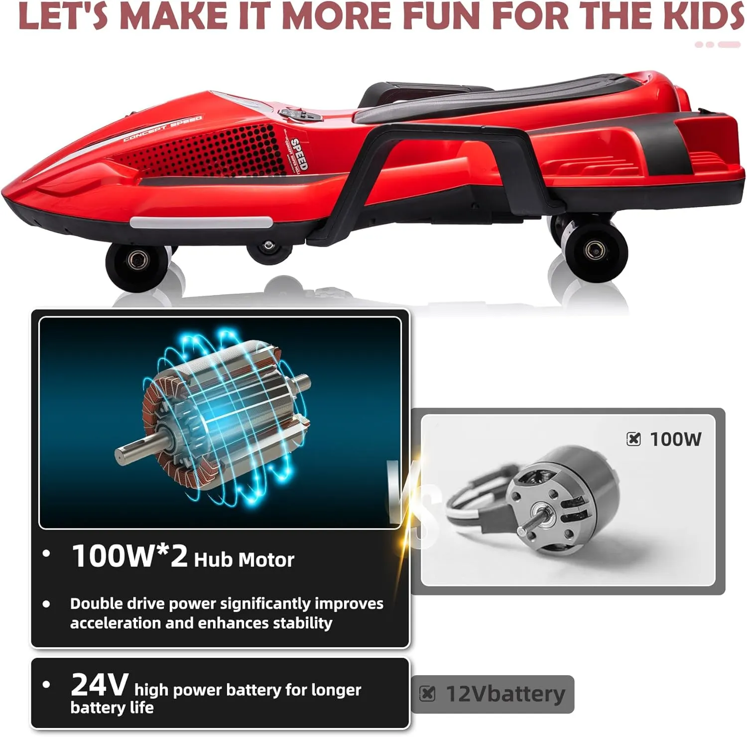 Ride on Car Ages 6 & Up with 24V 200W Motor,Side Handlebars for Steering,LED Light Up Electric Drift Kart,Water Mist Spray & Music Mode,Portable Design(Red)