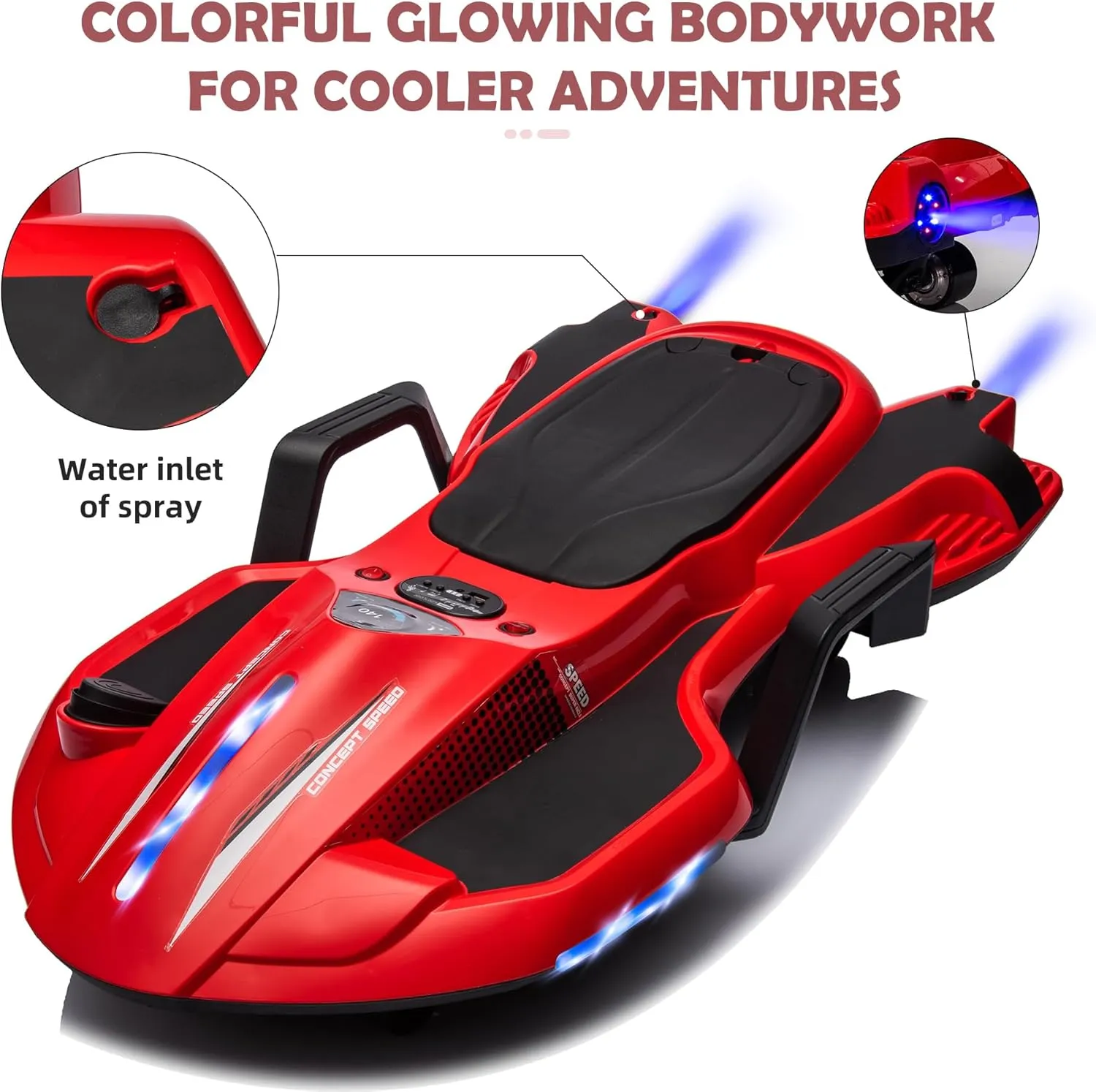 Ride on Car Ages 6 & Up with 24V 200W Motor,Side Handlebars for Steering,LED Light Up Electric Drift Kart,Water Mist Spray & Music Mode,Portable Design(Red)