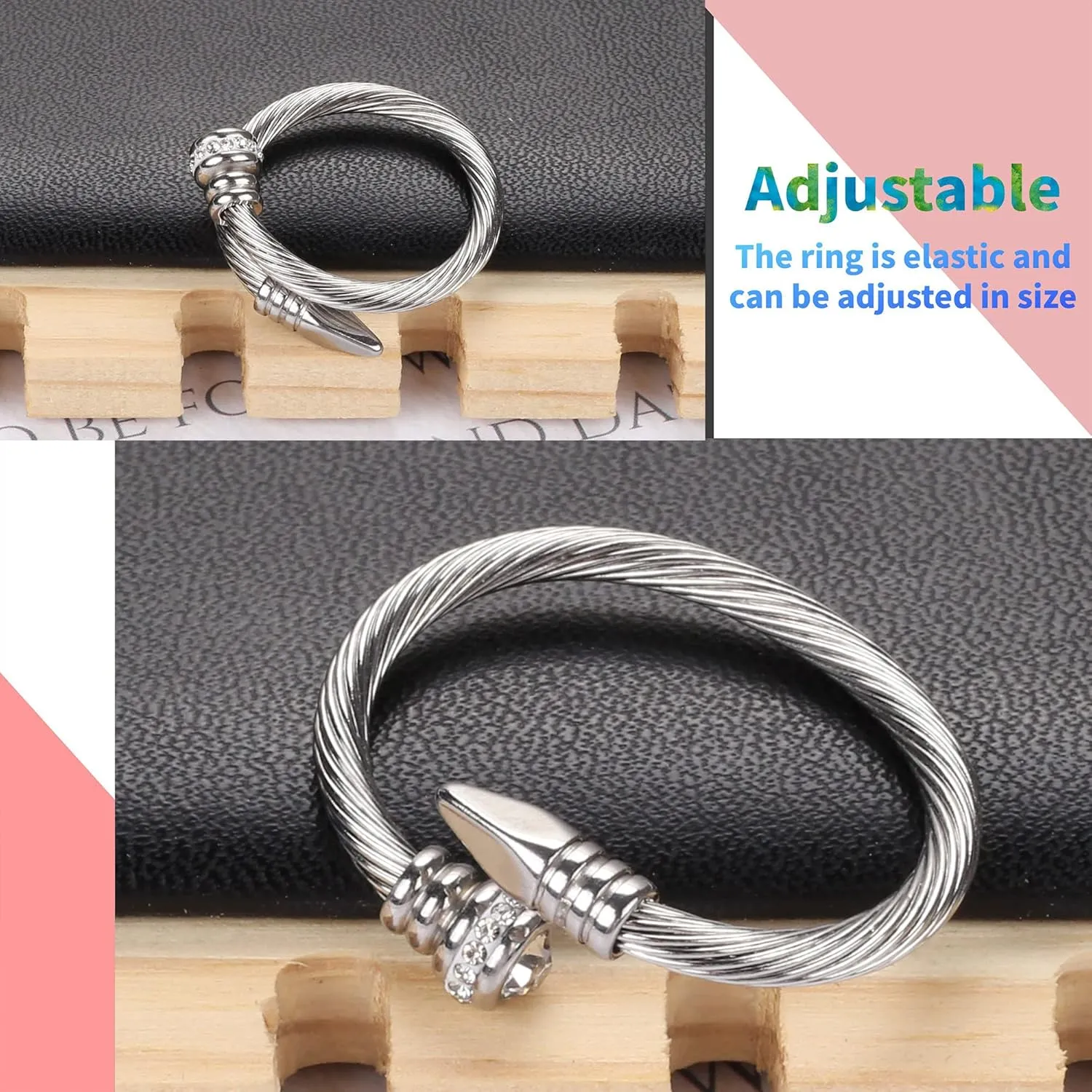 Ring for Women Adjustable Cable Nail Rings Open Stackable Cubic Zirconia Vintage Designer Fashion Jewelry Girlfriend Wife Mom Gift