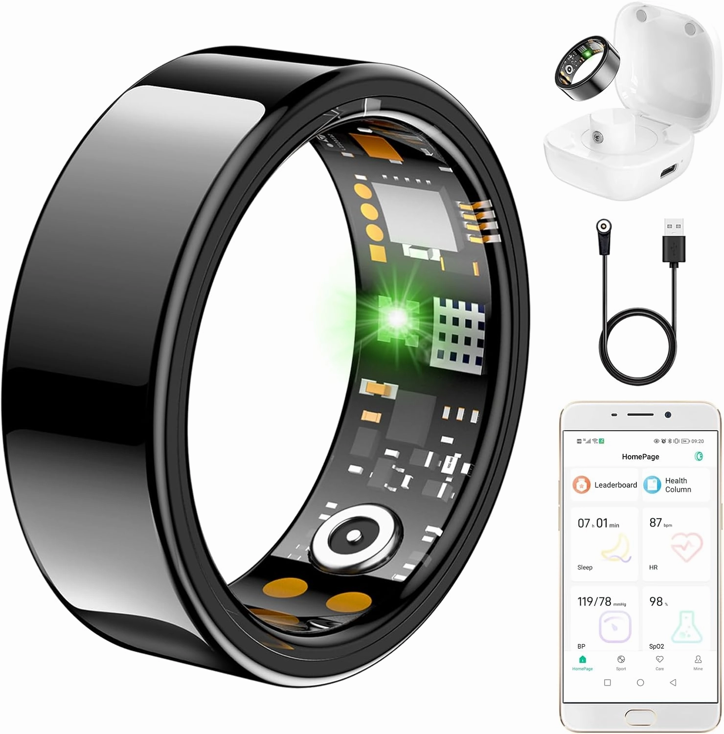 Ring Health Tracker for Women Men, Fit Ring with Heart Rate, Blood Oxygen, Sleep Monitor, Calories, Step Counter, IP68 Waterproof Smart Ring for iPhone & Android, No Subscription Fee (Black, 9#)