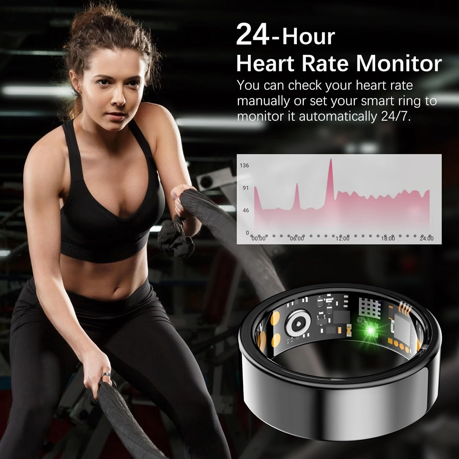 Ring Health Tracker for Women Men, Fit Ring with Heart Rate, Blood Oxygen, Sleep Monitor, Calories, Step Counter, IP68 Waterproof Smart Ring for iPhone & Android, No Subscription Fee (Black, 9#)