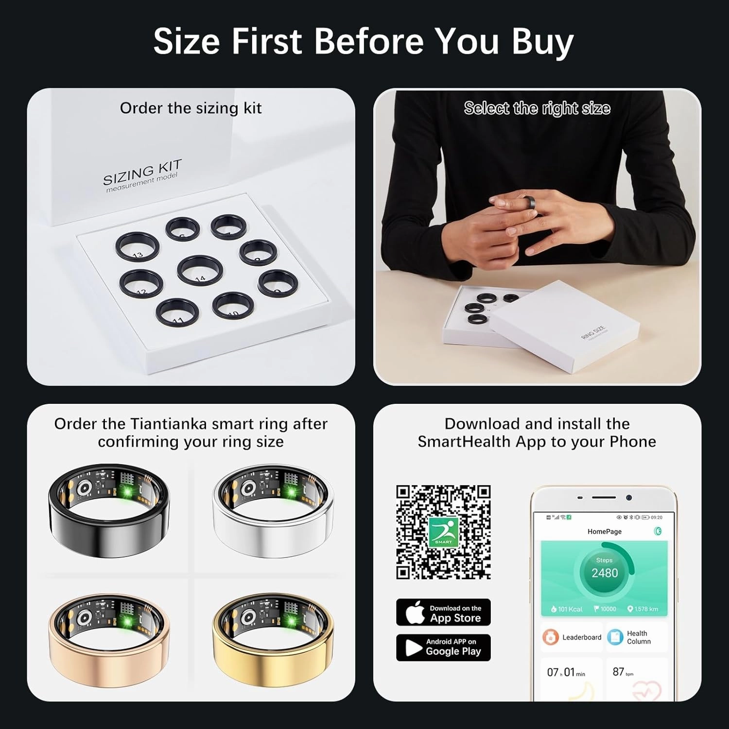 Ring Health Tracker for Women Men, Fit Ring with Heart Rate, Blood Oxygen, Sleep Monitor, Calories, Step Counter, IP68 Waterproof Smart Ring for iPhone & Android, No Subscription Fee (Black, 9#)