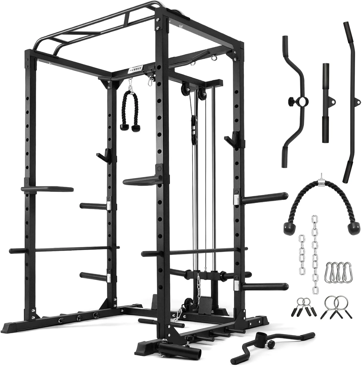 RitFit All-in-One Squat Rack for Home Gym, PPC02C Multi-Function 1000 LBS Capacity Power Cage with LAT Pulldown, Pulley System, Dip Bar, Landmine & More Power Rack Attachments, Package