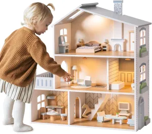 ROBOTIME Wooden Dollhouse, Wooden Doll House with 29 Pieces of Furniture, 6 Rooms Fits 4-6 Inch Dolls, Gift for Kids Ages 3 