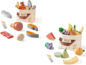 ROBUD Wooden Play Food for Kids Kitchen Cutting Set (Meat Set & Fruit Set)