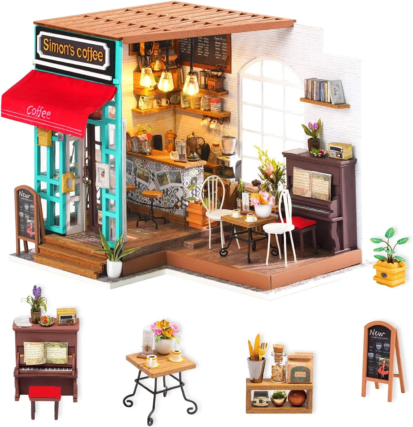 Rolife DIY Miniature Dollhouse Kit Coffee House Wooden Mini House Crafts DIY Model Kits Christmas Birthday Gifts for Boys Girls Women Friends (Simon's Coffee)