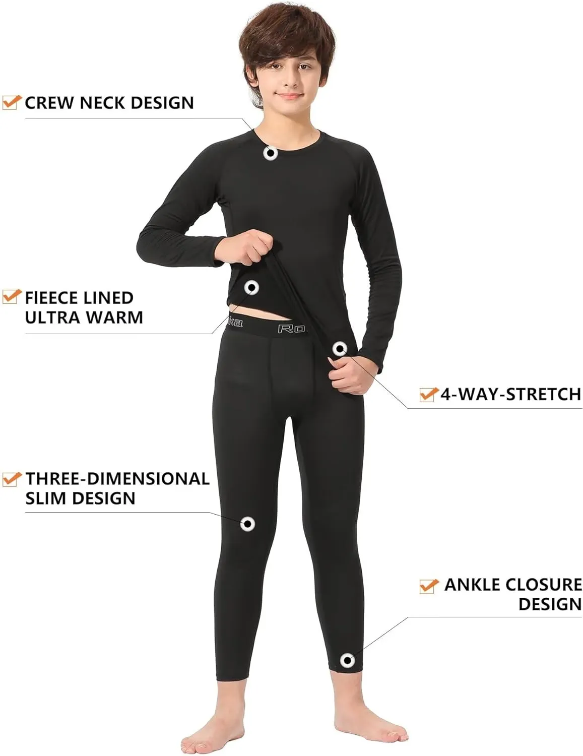 Rolimaka 2 Set Youth Boys' Thermal Underwear Set Fleece Lined Compression Shirt Leggings Pants Kids Base Layer Cold Weather