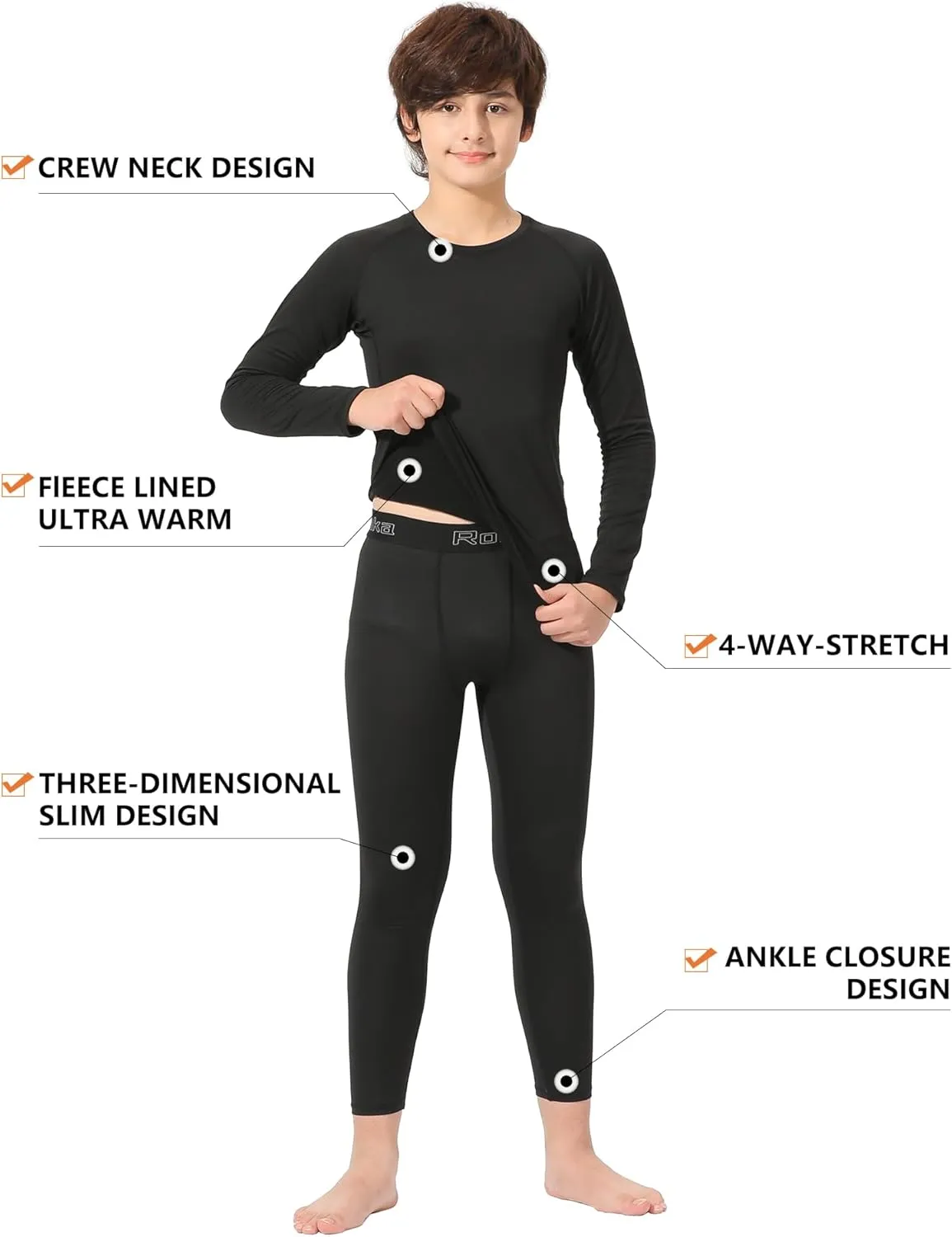 Rolimaka 2 Set Youth Boys' Thermal Underwear Set Fleece Lined Compression Shirt Leggings Pants Kids Base Layer Cold Weather