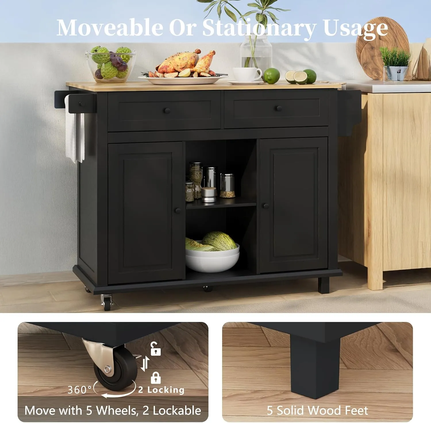 Rolling Kitchen Island Cart with Drop Leaf, Large Kitchen Island on Wheels with Storage and 2 Drawers, Mobile Island for Kitchen with Rubber Wood Countertop, Towel Rack (Black, Large)