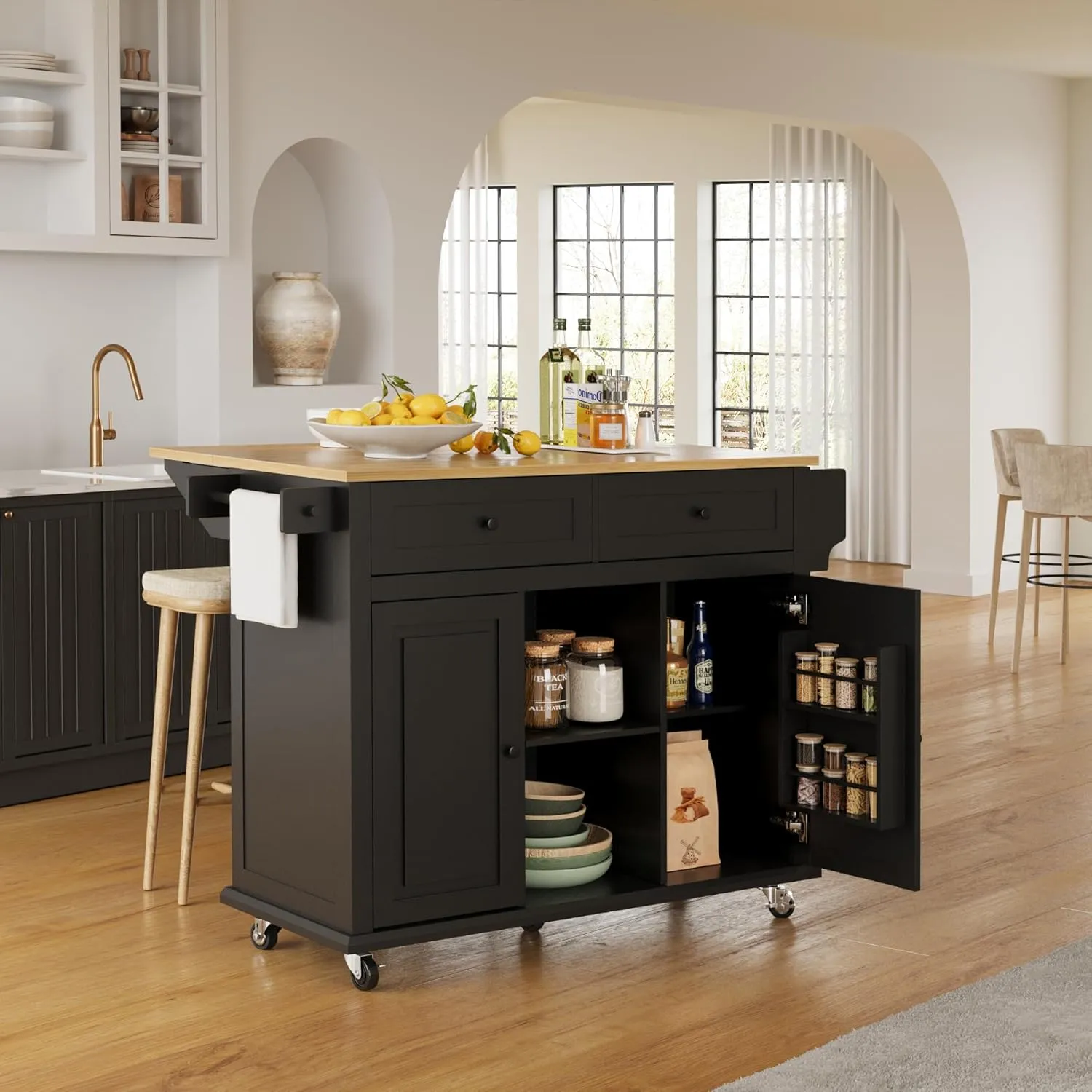 Rolling Kitchen Island Cart with Drop Leaf, Large Kitchen Island on Wheels with Storage and 2 Drawers, Mobile Island for Kitchen with Rubber Wood Countertop, Towel Rack (Black, Large)