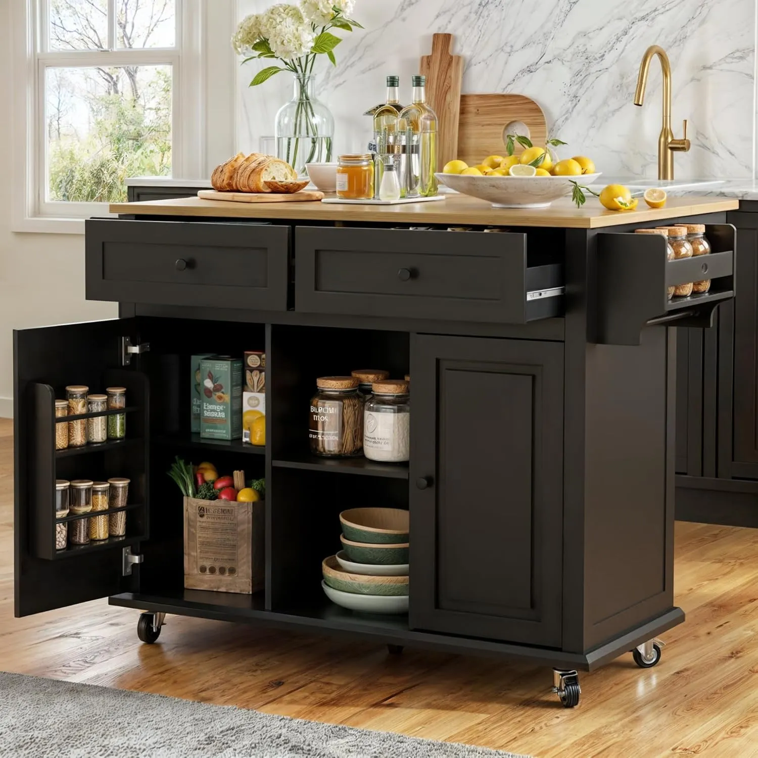 Rolling Kitchen Island Cart with Drop Leaf, Large Kitchen Island on Wheels with Storage and 2 Drawers, Mobile Island for Kitchen with Rubber Wood Countertop, Towel Rack (Black, Large)