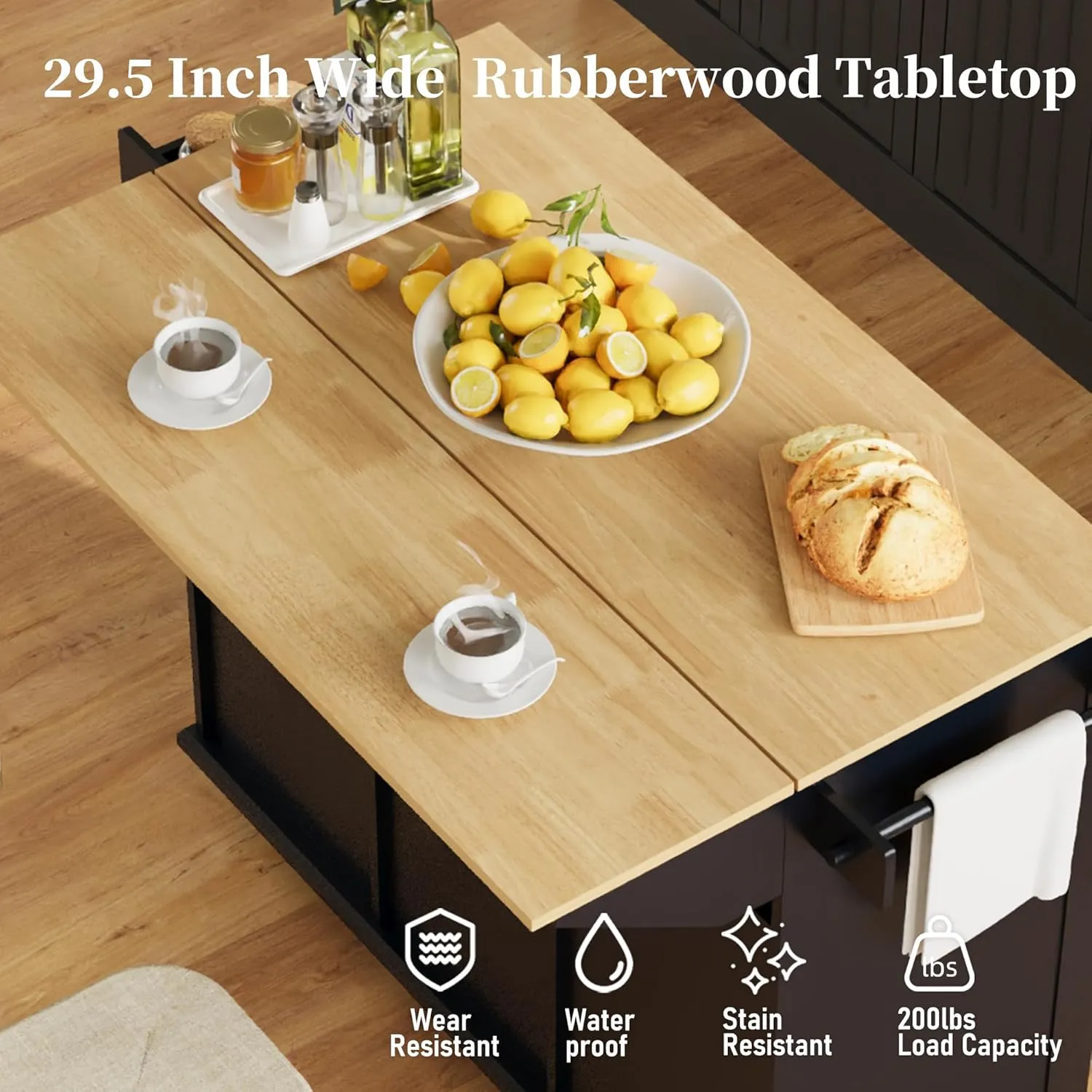 Rolling Kitchen Island Cart with Drop Leaf, Large Kitchen Island on Wheels with Storage and 2 Drawers, Mobile Island for Kitchen with Rubber Wood Countertop, Towel Rack (Black, Large)