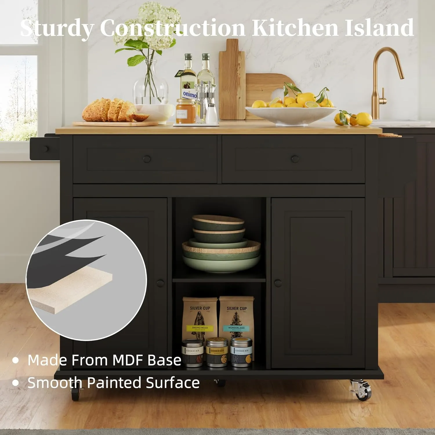 Rolling Kitchen Island Cart with Drop Leaf, Large Kitchen Island on Wheels with Storage and 2 Drawers, Mobile Island for Kitchen with Rubber Wood Countertop, Towel Rack (Black, Large)