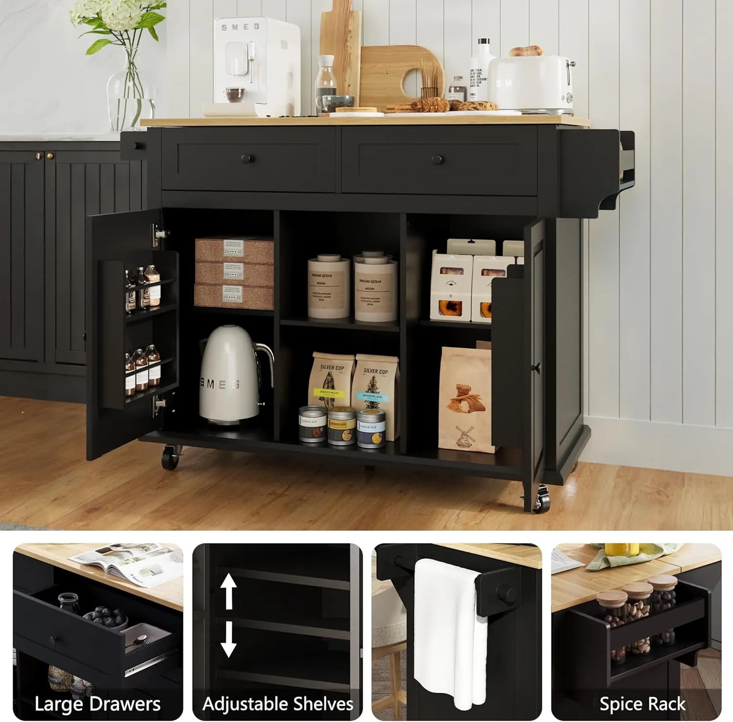 Rolling Kitchen Island Cart with Drop Leaf, Large Kitchen Island on Wheels with Storage and 2 Drawers, Mobile Island for Kitchen with Rubber Wood Countertop, Towel Rack (Black, Large)