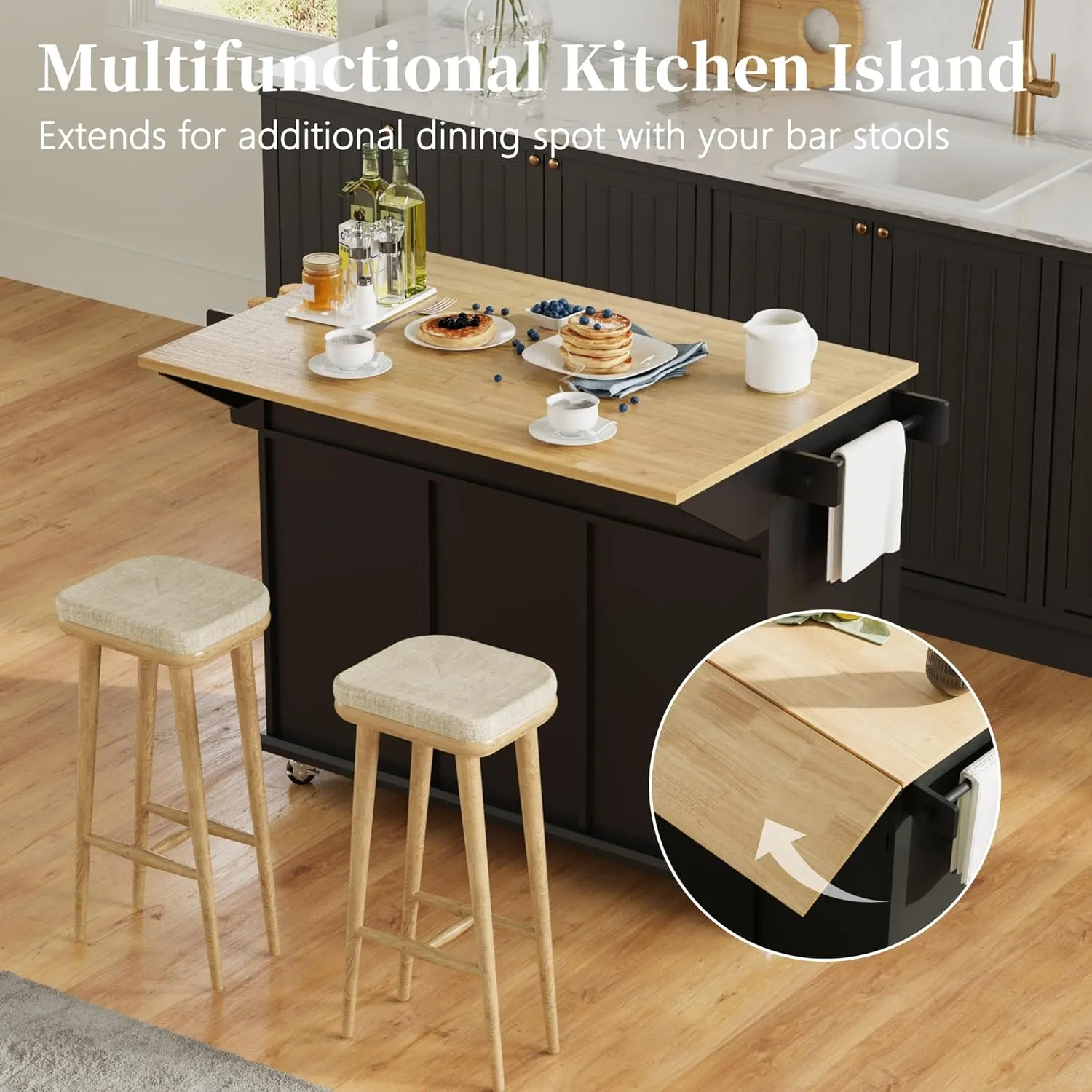 Rolling Kitchen Island Cart with Drop Leaf, Large Kitchen Island on Wheels with Storage and 2 Drawers, Mobile Island for Kitchen with Rubber Wood Countertop, Towel Rack (Black, Large)