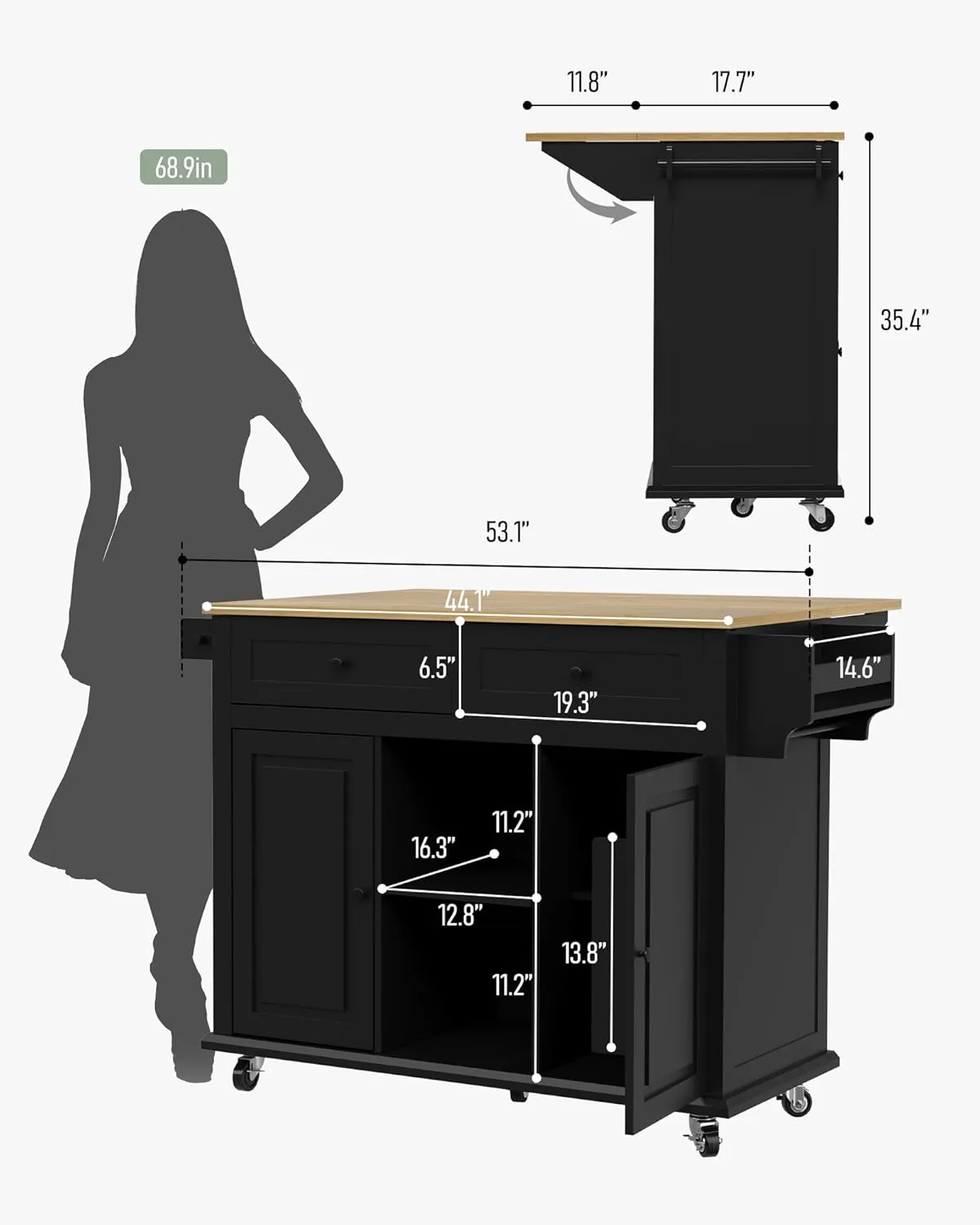 Rolling Kitchen Island Cart with Drop Leaf, Large Kitchen Island on Wheels with Storage and 2 Drawers, Mobile Island for Kitchen with Rubber Wood Countertop, Towel Rack (Black, Large)