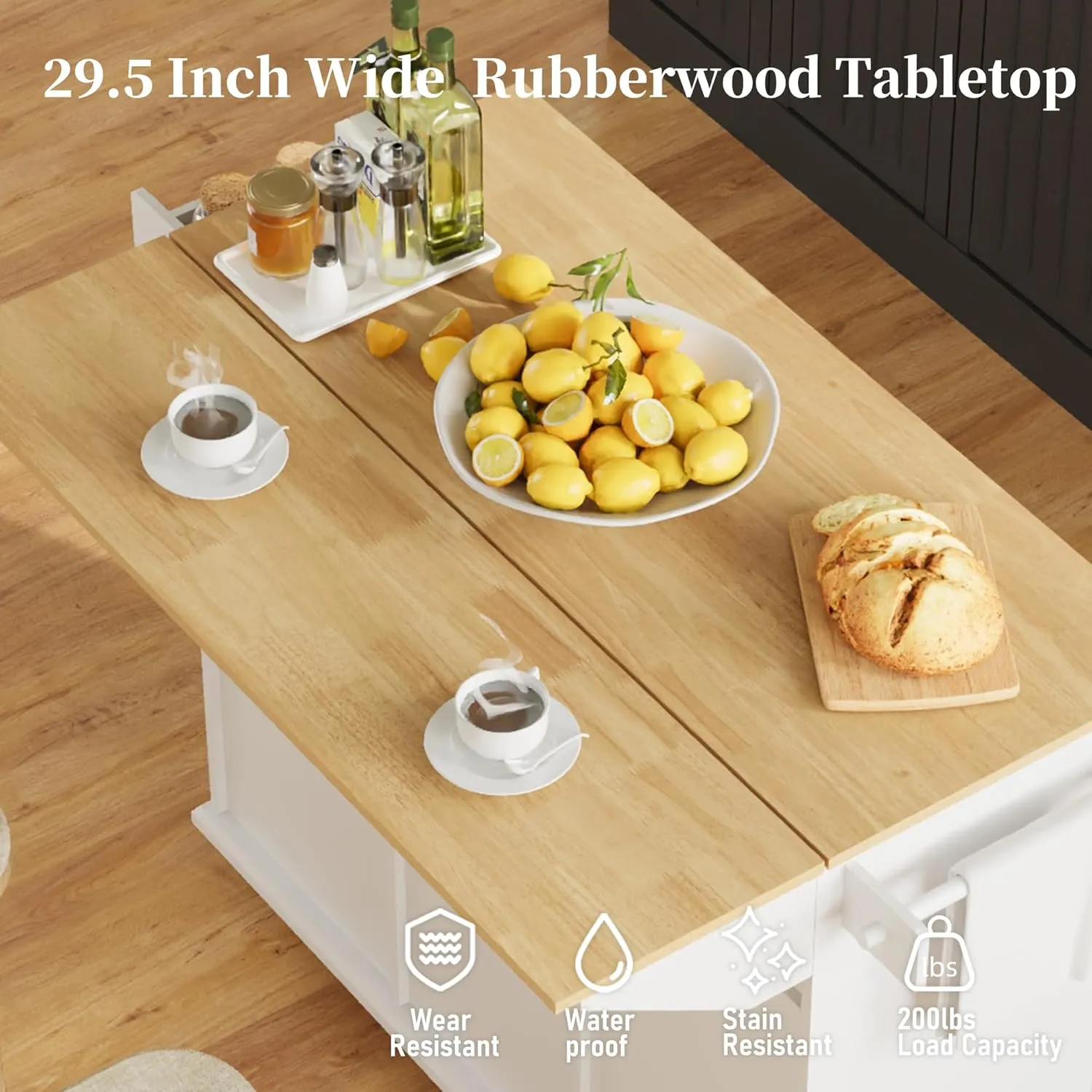 Rolling Kitchen Island with Drop Leaf, 53" Large Kitchen Island on Wheels with Storage and 2 Drawers, Mobile Island Cart for Kitchen with Wood Countertop, Towel Rack, Spice Rack (White)