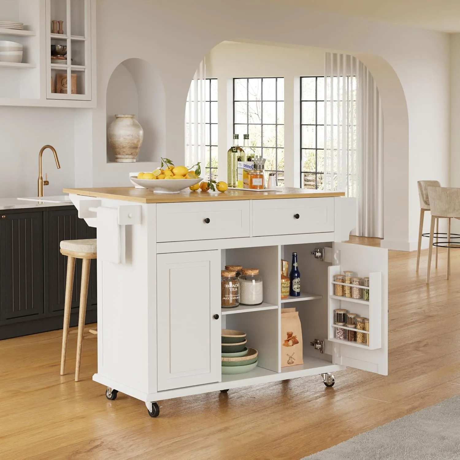 Rolling Kitchen Island with Drop Leaf, 53" Large Kitchen Island on Wheels with Storage and 2 Drawers, Mobile Island Cart for Kitchen with Wood Countertop, Towel Rack, Spice Rack (White)