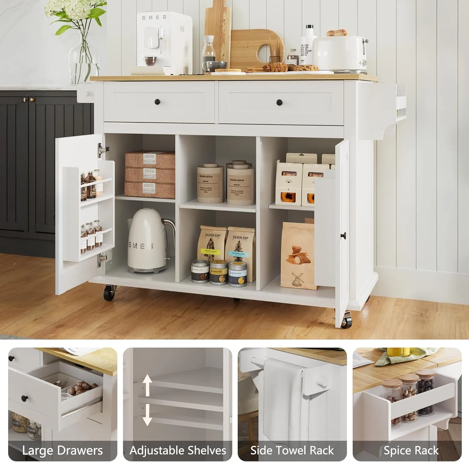 Rolling Kitchen Island with Drop Leaf, 53" Large Kitchen Island on Wheels with Storage and 2 Drawers, Mobile Island Cart for Kitchen with Wood Countertop, Towel Rack, Spice Rack (White)