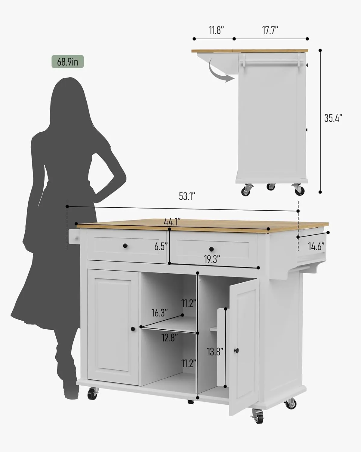 Rolling Kitchen Island with Drop Leaf, 53" Large Kitchen Island on Wheels with Storage and 2 Drawers, Mobile Island Cart for Kitchen with Wood Countertop, Towel Rack, Spice Rack (White)