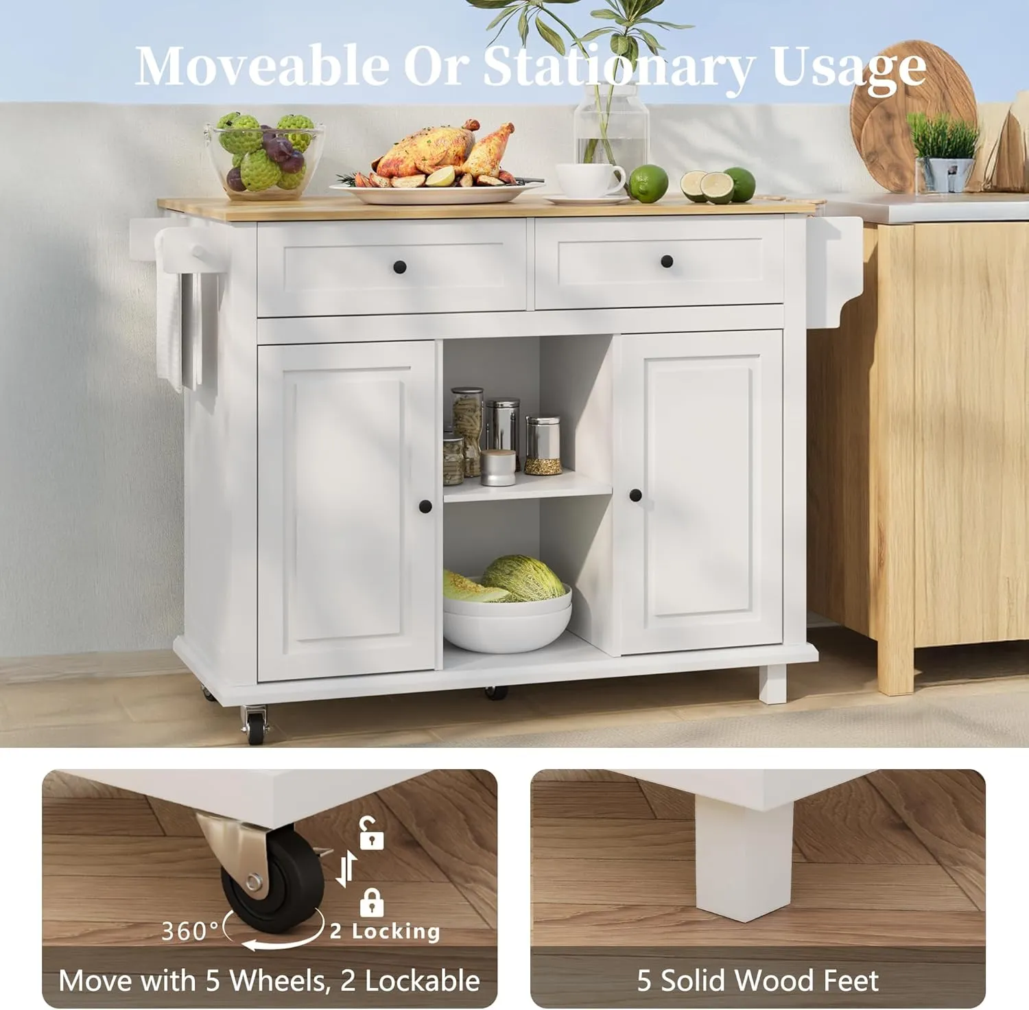 Rolling Kitchen Island with Drop Leaf, 53" Large Kitchen Island on Wheels with Storage and 2 Drawers, Mobile Island Cart for Kitchen with Wood Countertop, Towel Rack, Spice Rack (White)