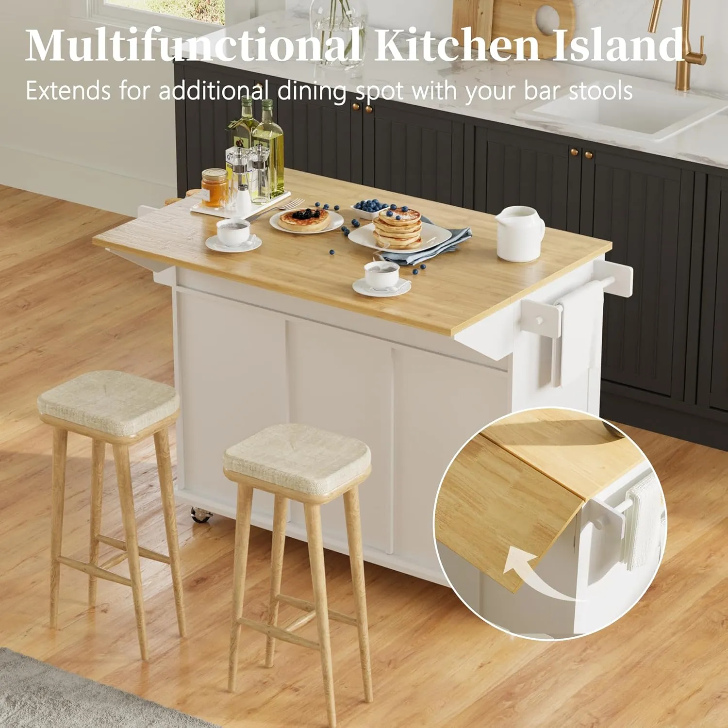 Rolling Kitchen Island with Drop Leaf, 53" Large Kitchen Island on Wheels with Storage and 2 Drawers, Mobile Island Cart for Kitchen with Wood Countertop, Towel Rack, Spice Rack (White)