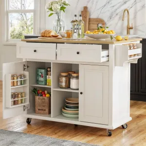 Rolling Kitchen Island with Drop Leaf, 53" Large Kitchen Island on Wheels with Storage and 2 Drawers, Mobile Island Cart for Kitchen with Wood Countertop, Towel Rack, Spice Rack (White)