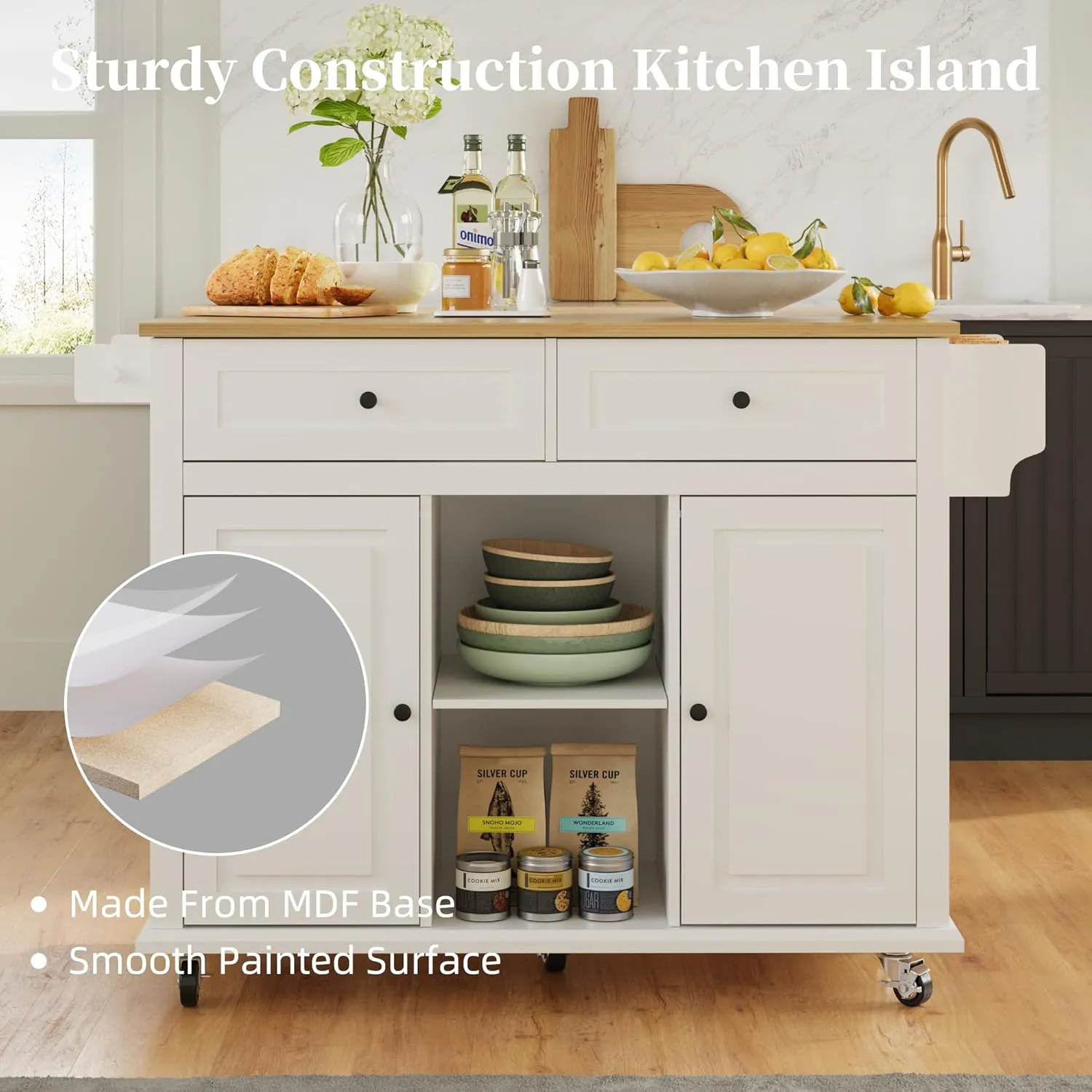 Rolling Kitchen Island with Drop Leaf, 53" Large Kitchen Island on Wheels with Storage and 2 Drawers, Mobile Island Cart for Kitchen with Wood Countertop, Towel Rack, Spice Rack (White)