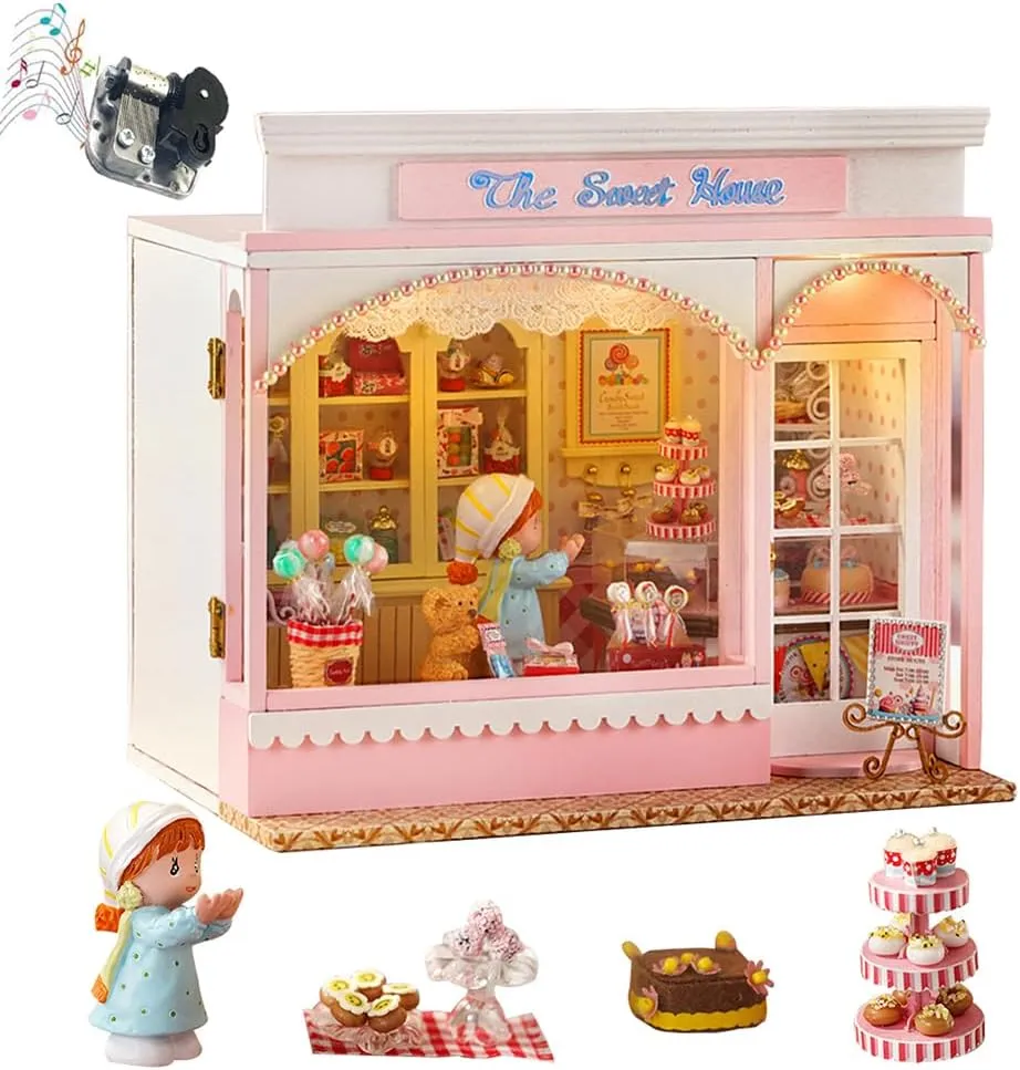 Romantic and Cute Dollhouse Miniature DIY House Kit Door Panel can be Opened Creative Room Fairy Tale Series for Friends Lovers and Families (Candy House)