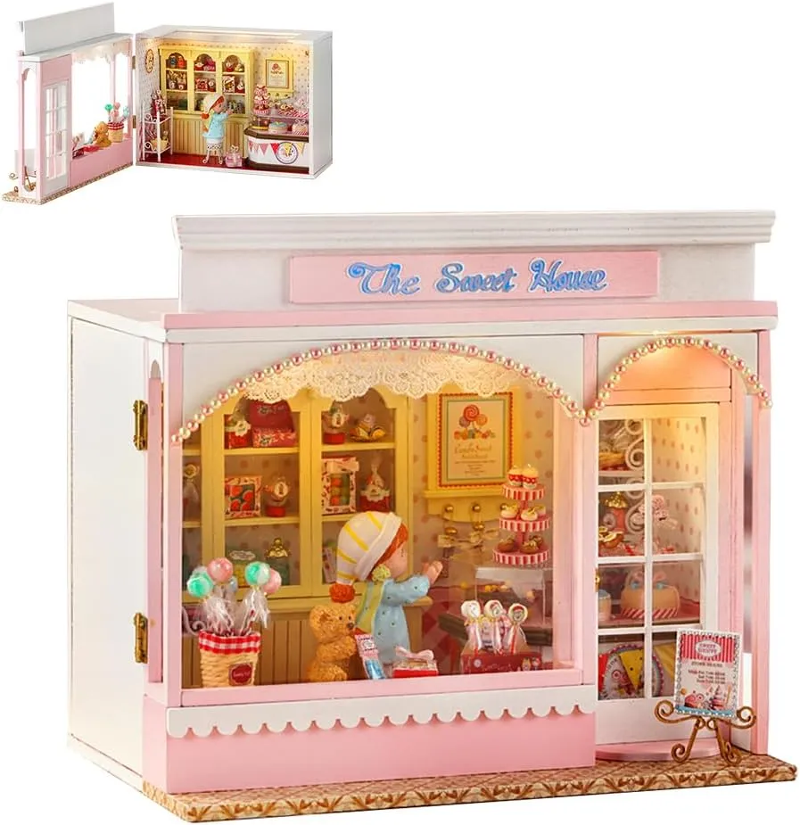 Romantic and Cute Dollhouse Miniature DIY House Kit Door Panel can be Opened Creative Room Fairy Tale Series for Friends Lovers and Families (Candy House)