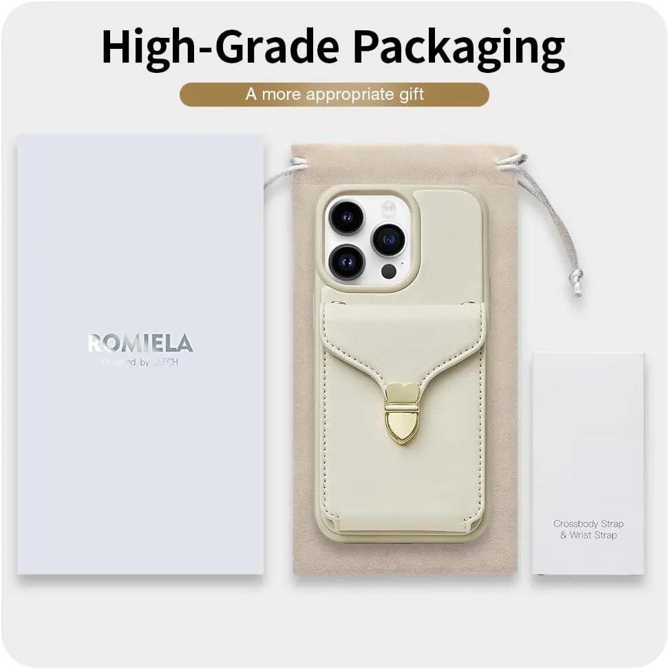 ROMIELA for iPhone 14 Pro Max with Crossbody Chain Wrist Strap Card Holder 6.7 inch - Beige