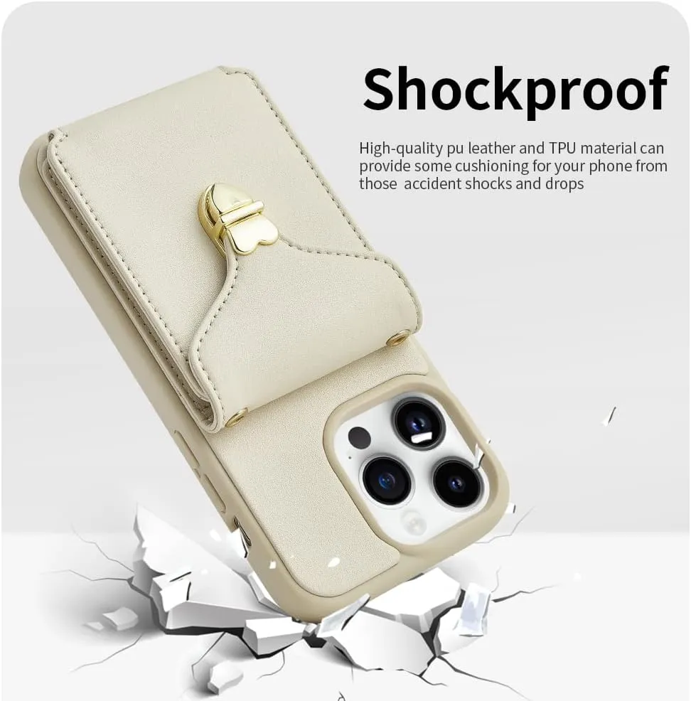 ROMIELA for iPhone 14 Pro Max with Crossbody Chain Wrist Strap Card Holder 6.7 inch - Beige
