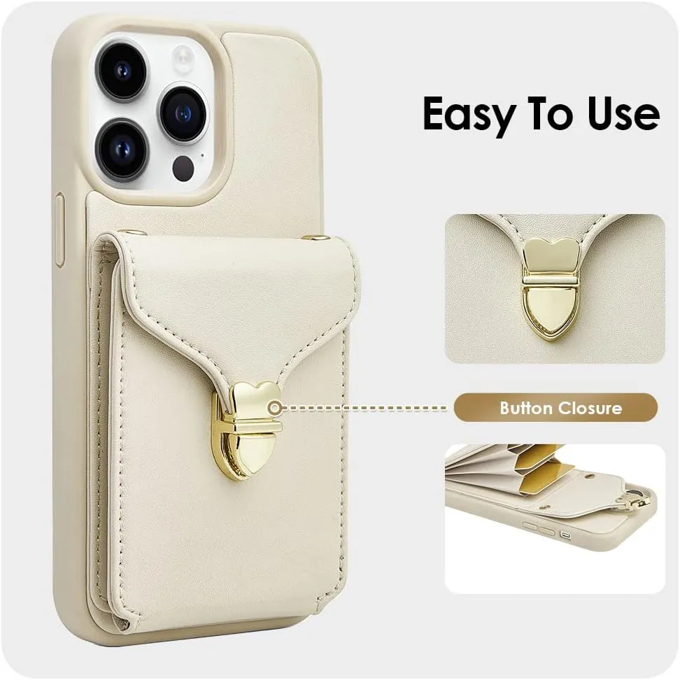 ROMIELA for iPhone 14 Pro Max with Crossbody Chain Wrist Strap Card Holder 6.7 inch - Beige