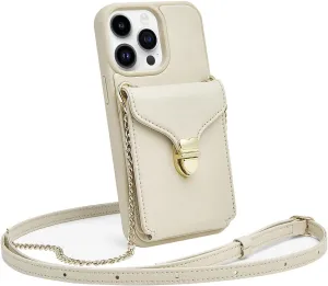 ROMIELA for iPhone 14 Pro Max with Crossbody Chain Wrist Strap Card Holder 6.7 inch - Beige