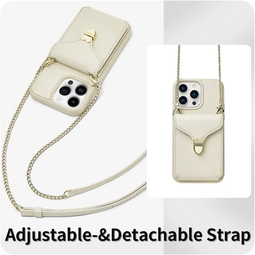 ROMIELA for iPhone 14 Pro Max with Crossbody Chain Wrist Strap Card Holder 6.7 inch - Beige
