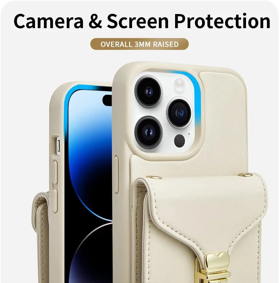 ROMIELA for iPhone 14 Pro Max with Crossbody Chain Wrist Strap Card Holder 6.7 inch - Beige
