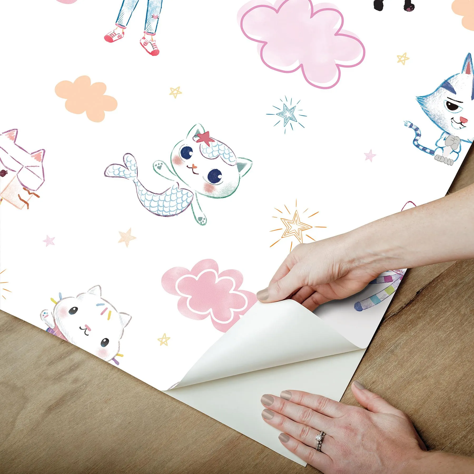 Roommates Gabby'S Dollhouse Sketch Characters Peel And Stick Pink Wallpaper
