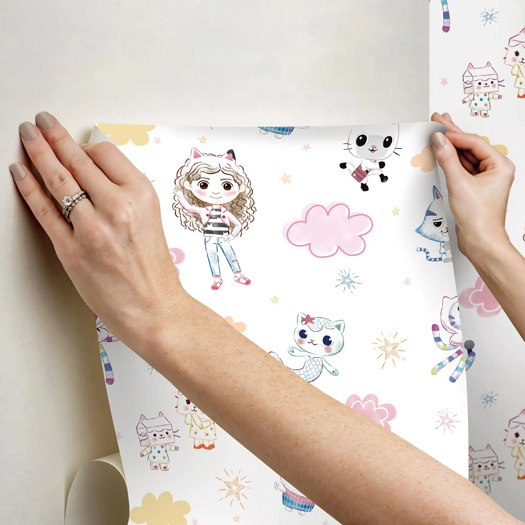 Roommates Gabby'S Dollhouse Sketch Characters Peel And Stick Pink Wallpaper