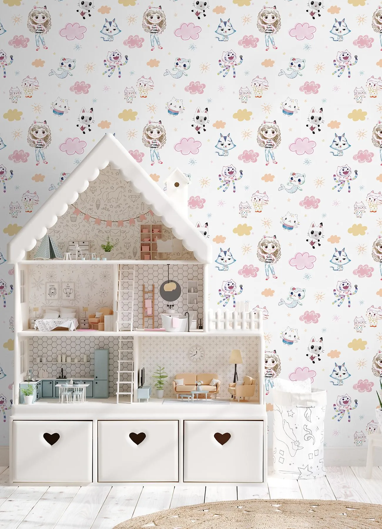 Roommates Gabby'S Dollhouse Sketch Characters Peel And Stick Pink Wallpaper