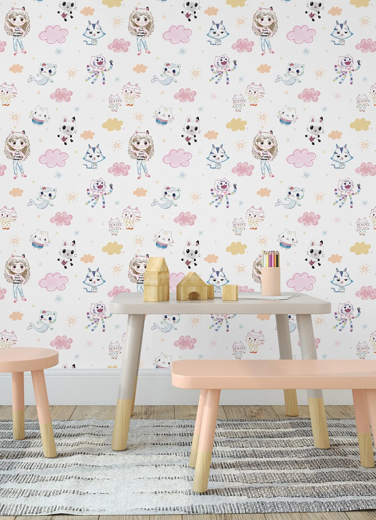 Roommates Gabby'S Dollhouse Sketch Characters Peel And Stick Pink Wallpaper