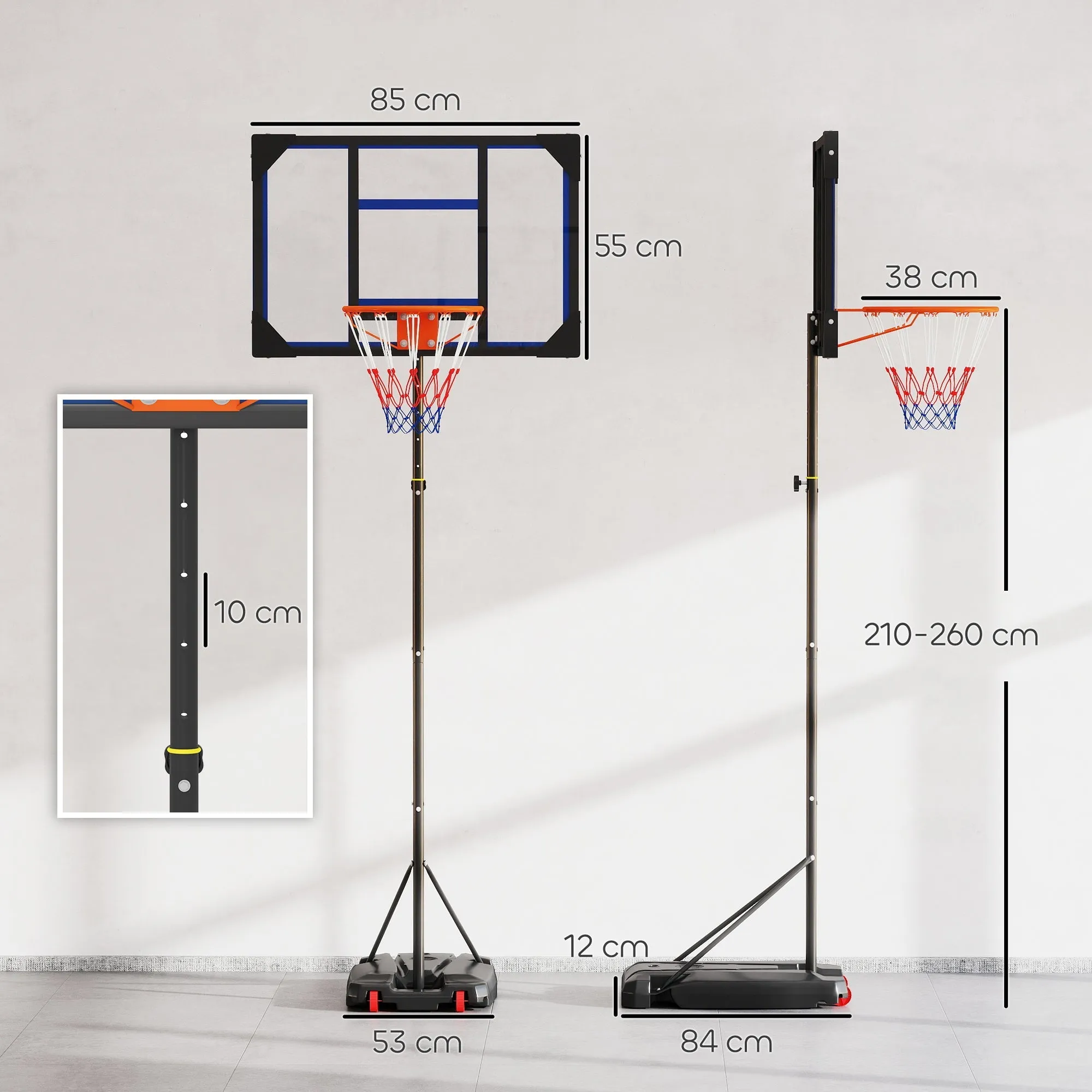 Rootz Adjustable Basketball Hoop for Kids - Height Ranges 210-260cm - Outdoor & Indoor - Stable Base with Wheels - 84x53x12cm